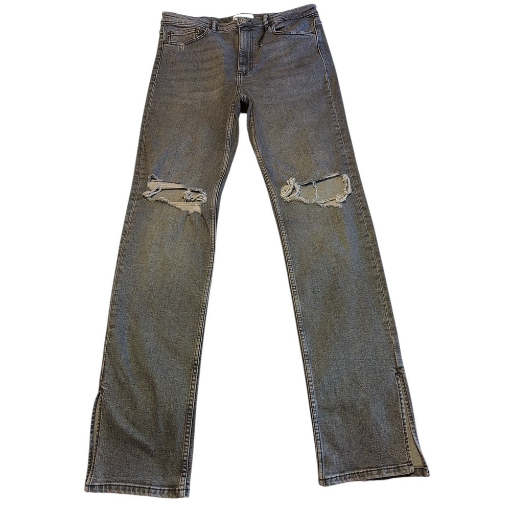 ZARA NWT Split-Hem high rise Jeans Gray Busted Knees Distressed Streetwear Sz 12